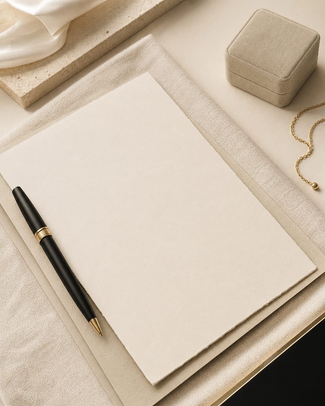 Minimal documents, black pen and gold jewellery on an ivory desk